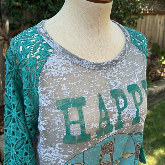 Southern Grace Happy Camper Lace Sleeved Shirt Teal Green/Gray Burnout Large - Picture 2 of 13